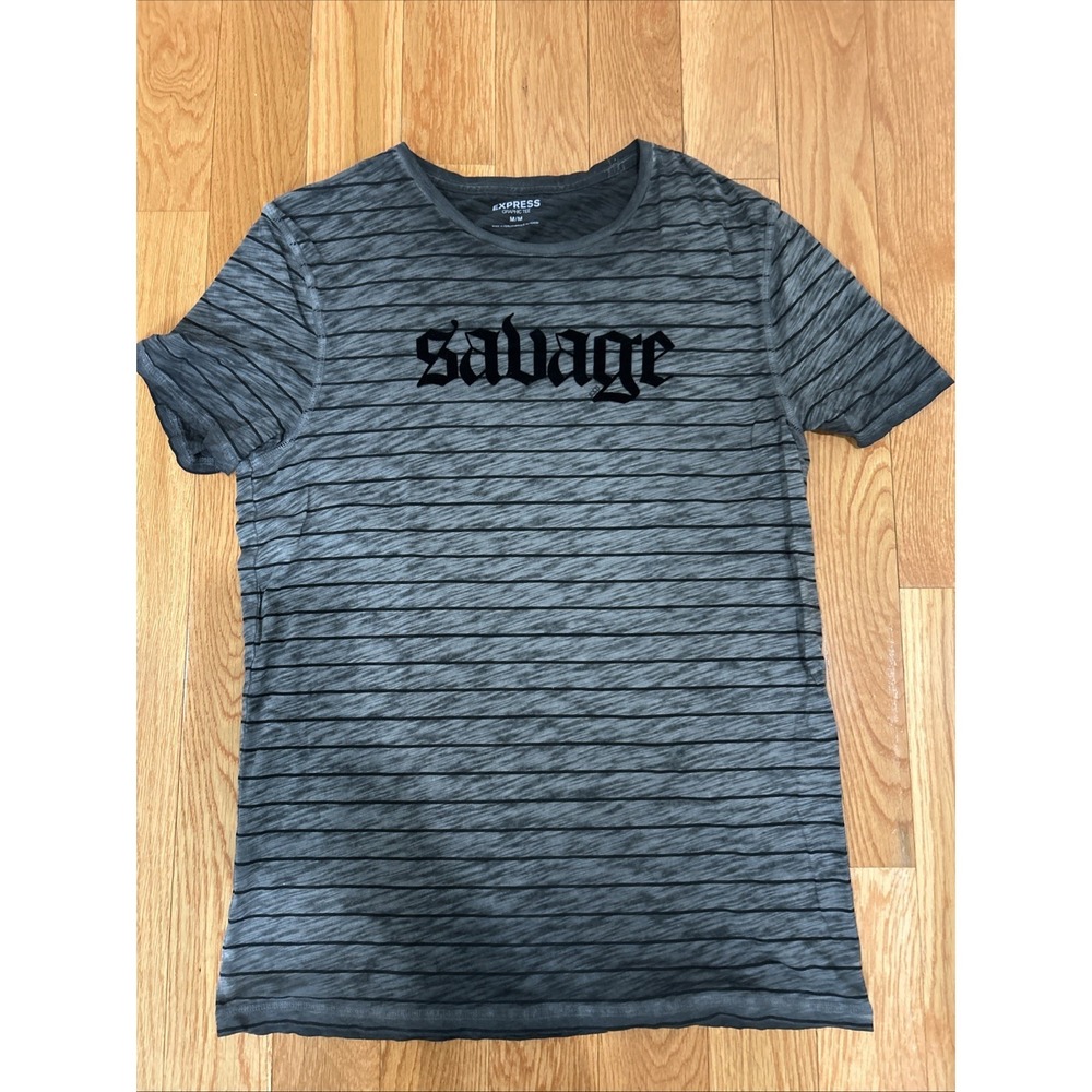 Express Men's T-Shirt Medium Gray Black Striped Savage Graphic Crew Neck
